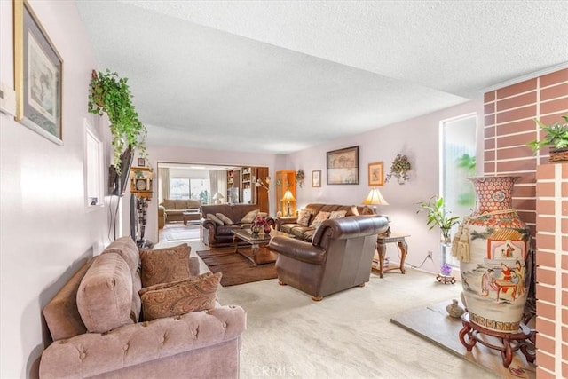 living room featuring a textured ceiling and light colored carpet