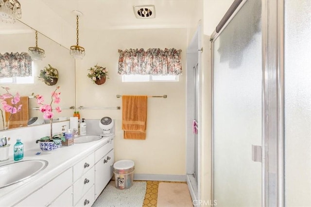 bathroom with vanity, a shower with door, and a wealth of natural light