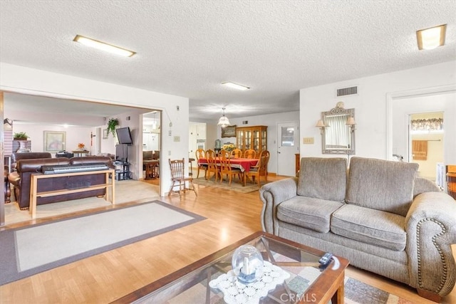 living room featuring a textured ceiling and light hardwood / wood-style flooring