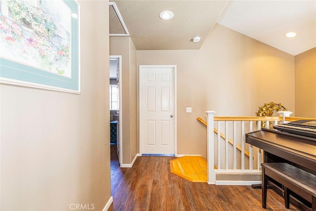 hallway featuring dark hardwood / wood-style flooring and vaulted ceiling