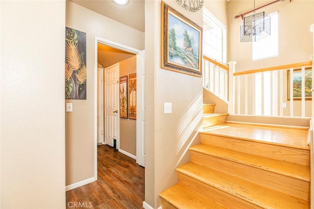 stairway featuring hardwood / wood-style floors and a notable chandelier