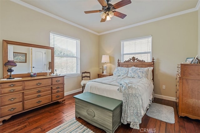 bedroom with ceiling fan, crown molding, and dark wood-type flooring