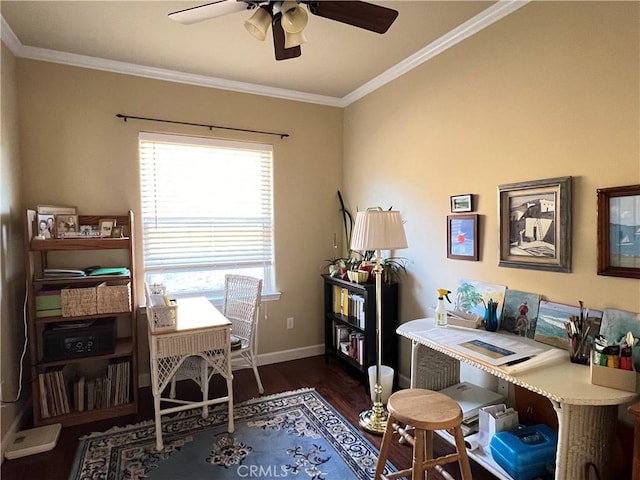 office featuring ceiling fan, crown molding, and dark hardwood / wood-style floors