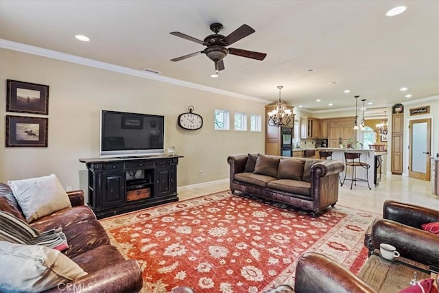 tiled living room with ceiling fan with notable chandelier, a healthy amount of sunlight, and crown molding