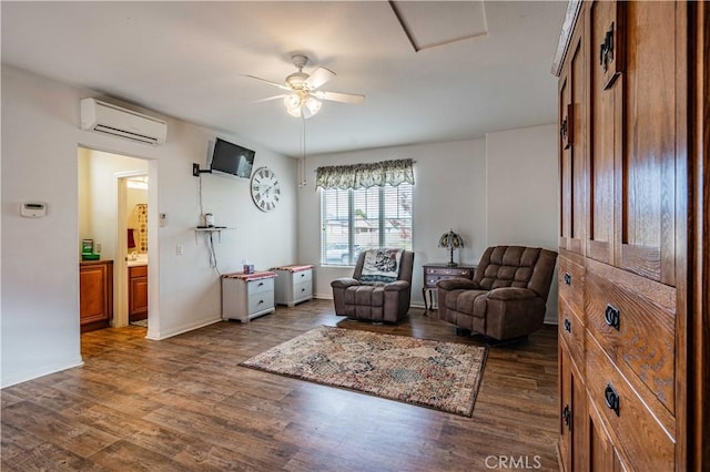 living area with a wall mounted air conditioner, ceiling fan, and dark wood-type flooring