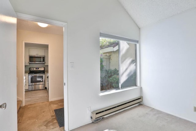 interior space with a textured ceiling, baseboard heating, and a wealth of natural light