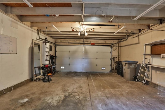 garage featuring a garage door opener and water heater