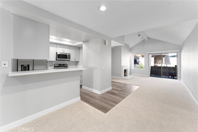 kitchen with kitchen peninsula, light colored carpet, vaulted ceiling, a fireplace, and appliances with stainless steel finishes