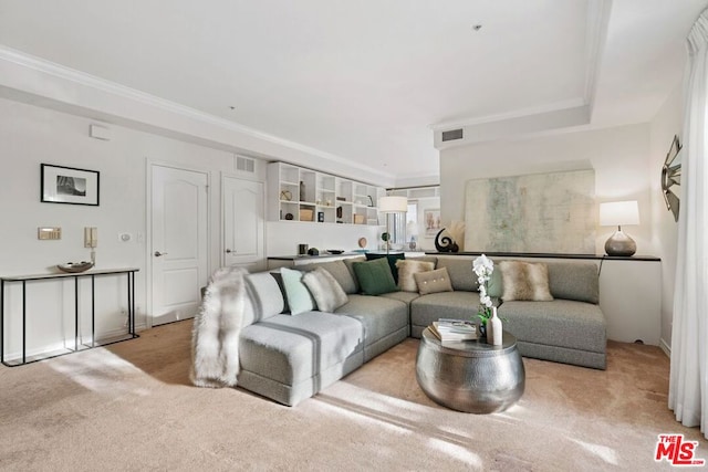 living room featuring light carpet and crown molding