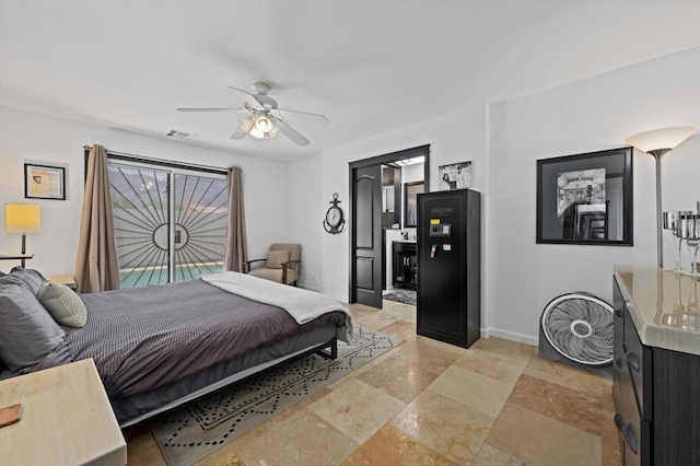 bedroom with ceiling fan and ensuite bathroom