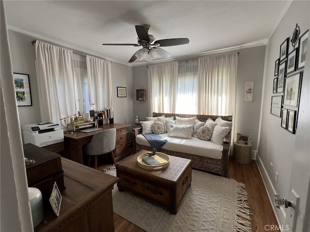 living room with dark hardwood / wood-style floors, ceiling fan, and ornamental molding