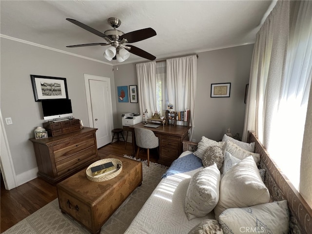 living room featuring ornamental molding, ceiling fan, and dark wood-type flooring