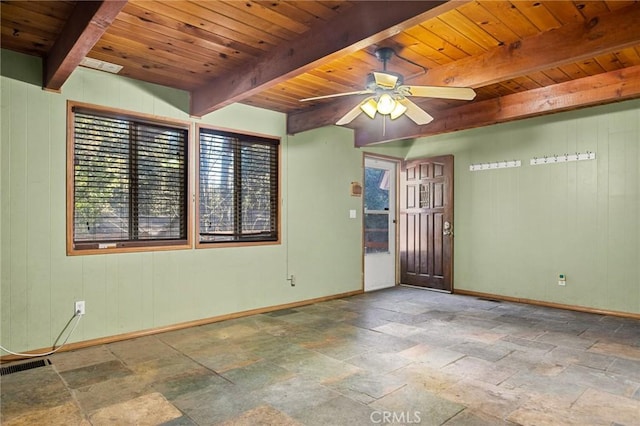spare room with stone tile flooring, wood ceiling, and beam ceiling
