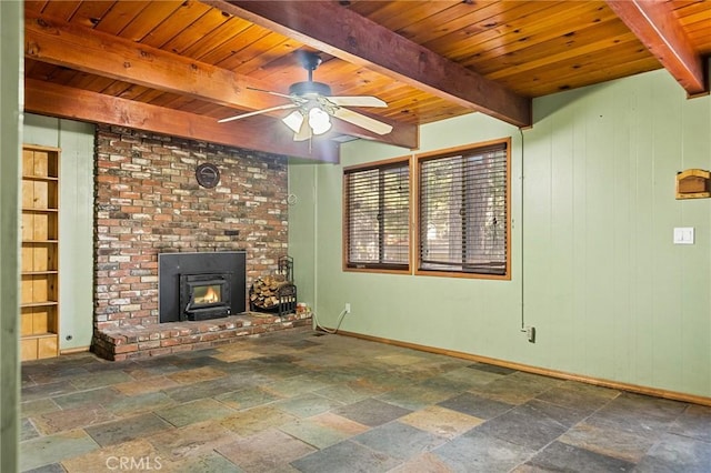 unfurnished living room featuring baseboards, wooden ceiling, beam ceiling, and ceiling fan