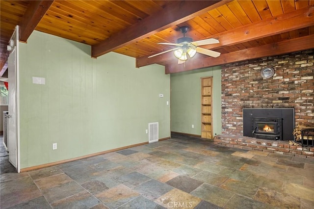 unfurnished living room with wooden ceiling, baseboards, and visible vents