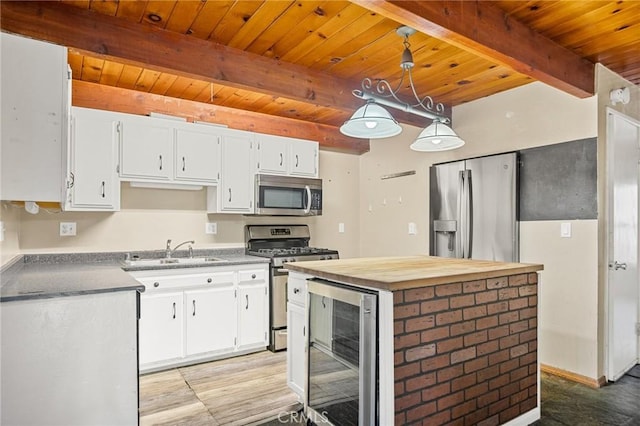 kitchen with white cabinets, a sink, wine cooler, beam ceiling, and stainless steel appliances