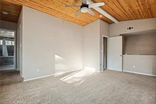 unfurnished room featuring wooden ceiling, vaulted ceiling with beams, visible vents, and carpet floors