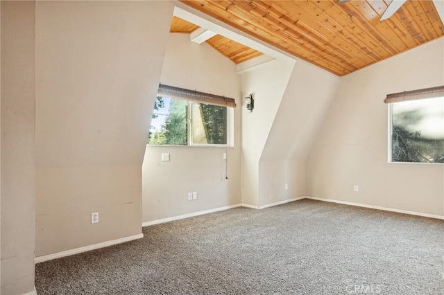 unfurnished room with carpet floors, baseboards, lofted ceiling with beams, and wood ceiling