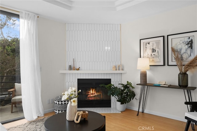 living area with wood-type flooring, a large fireplace, and a tray ceiling