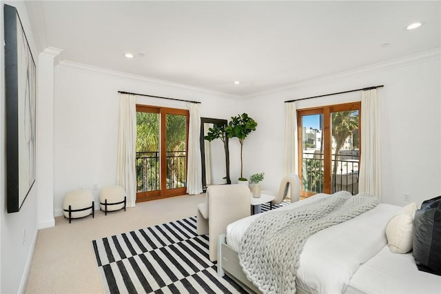 bedroom featuring crown molding, light carpet, access to outside, and multiple windows