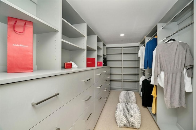 walk in closet with light carpet