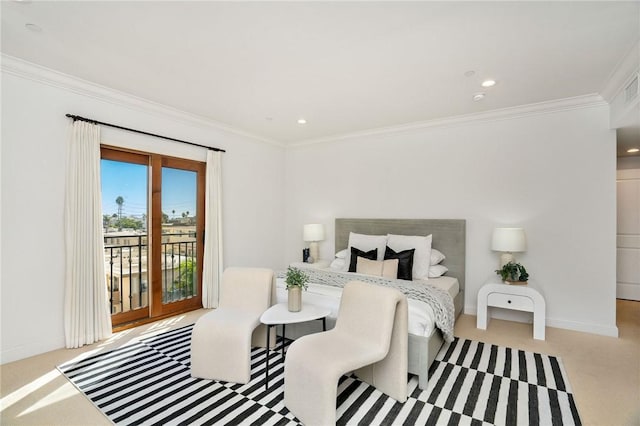 bedroom with access to outside, crown molding, and light colored carpet