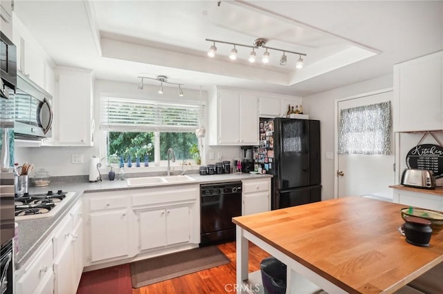 kitchen featuring sink, a raised ceiling, dark hardwood / wood-style floors, white cabinets, and black appliances