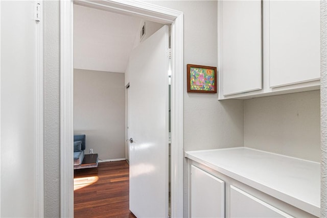 laundry area featuring dark wood-type flooring