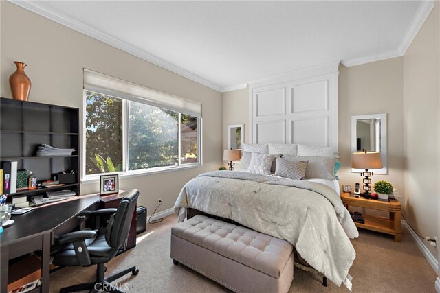 bedroom with light colored carpet and ornamental molding