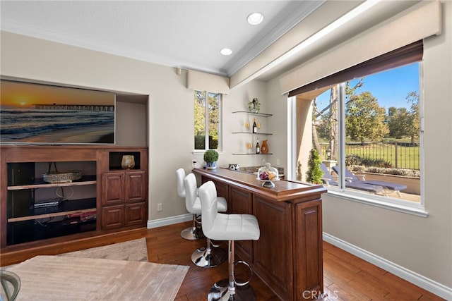 office with a bar, hardwood / wood-style flooring, and a healthy amount of sunlight