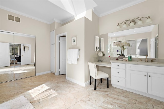 full bath with baseboards, visible vents, a towering ceiling, crown molding, and vanity