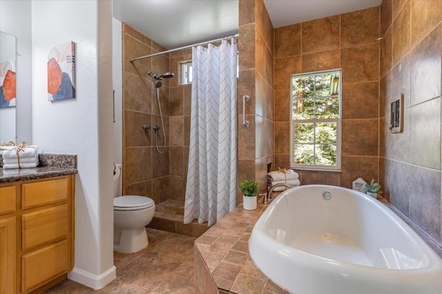 full bathroom featuring vanity, toilet, and separate shower and tub