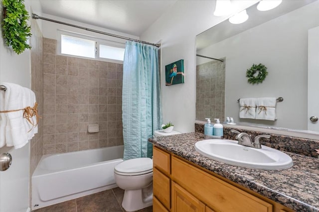 full bathroom featuring shower / bath combination with curtain, tile patterned floors, toilet, and vanity