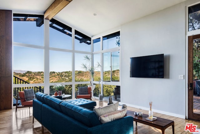 living room featuring wood-type flooring, high vaulted ceiling, a wall of windows, and beam ceiling