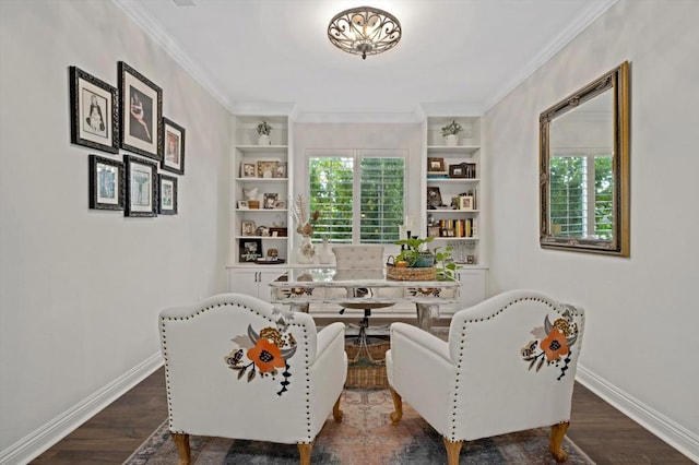 living area with dark wood-type flooring, built in features, and crown molding