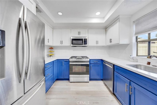 kitchen featuring blue cabinetry, sink, stainless steel appliances, light hardwood / wood-style floors, and white cabinets