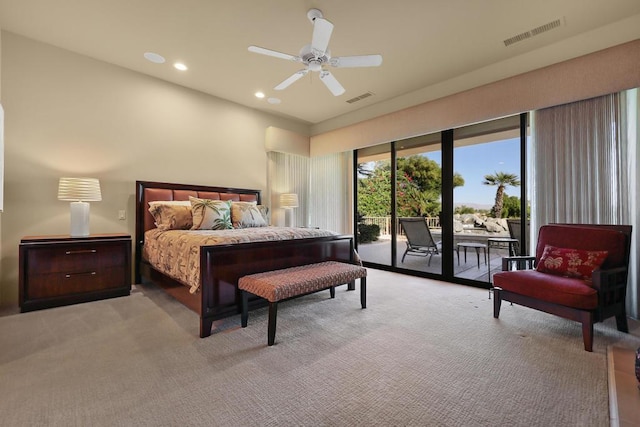 carpeted bedroom with access to outside and ceiling fan