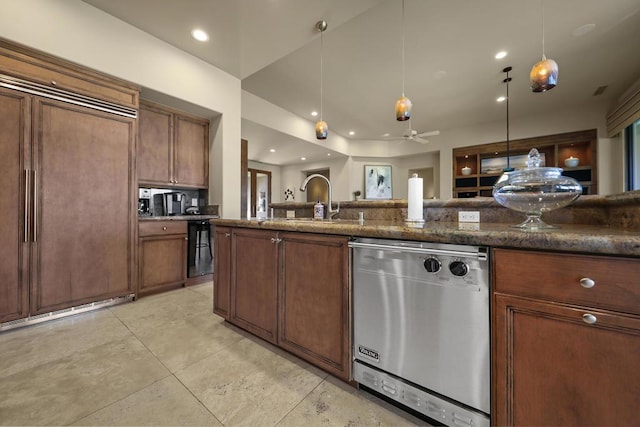 kitchen with dishwasher, sink, ceiling fan, paneled fridge, and decorative light fixtures