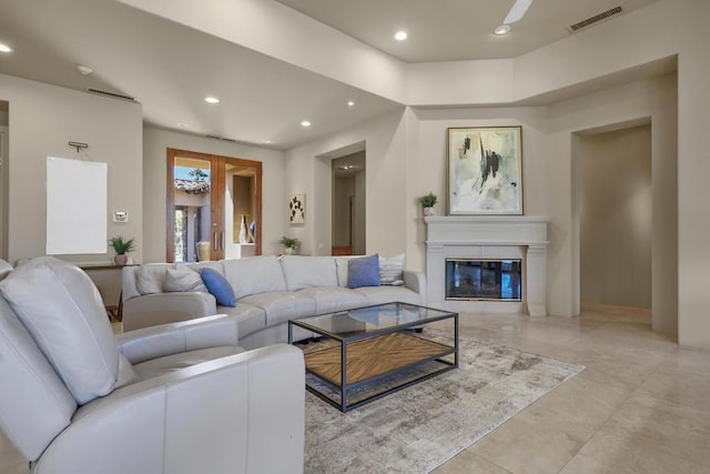 living room featuring ceiling fan