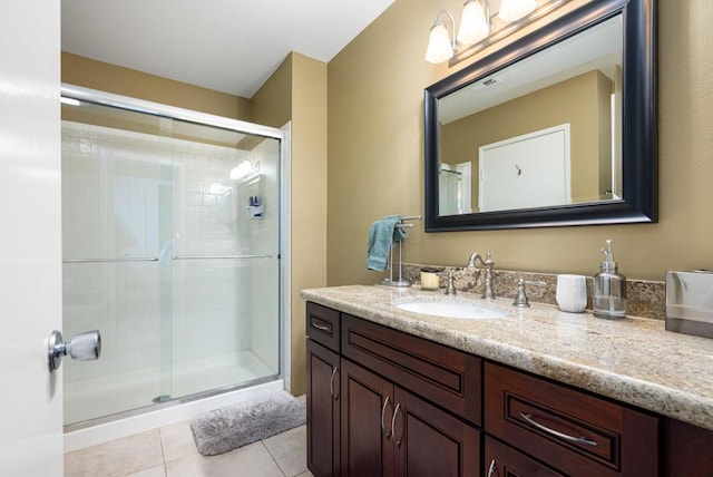 bathroom featuring tile patterned flooring, vanity, and an enclosed shower