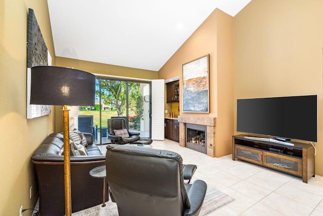 living room featuring light tile patterned flooring and lofted ceiling