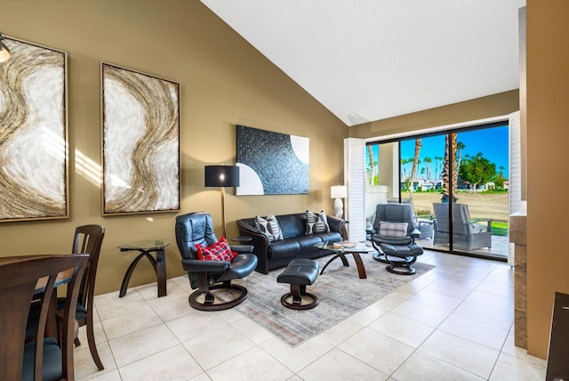 living room featuring light tile patterned flooring and lofted ceiling