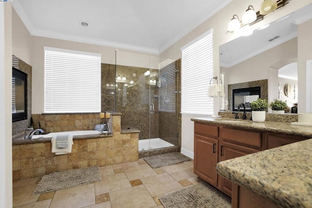 bathroom with vanity, independent shower and bath, and ornamental molding