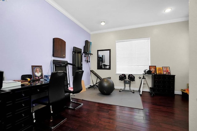 office with dark hardwood / wood-style flooring and ornamental molding