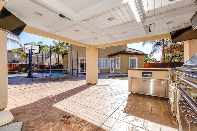 view of patio / terrace with an outdoor kitchen and a trampoline