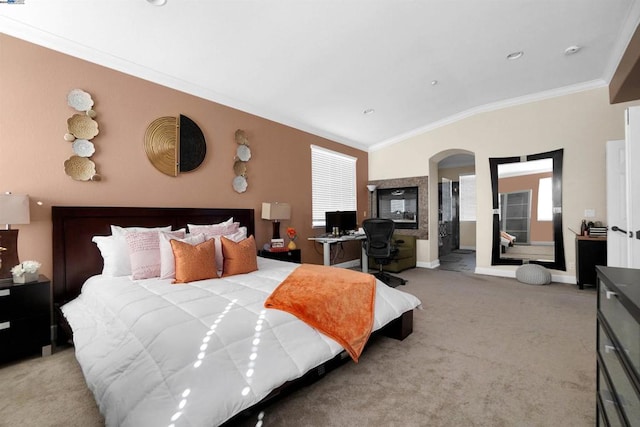 carpeted bedroom featuring ornamental molding