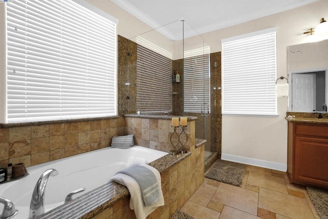 bathroom with vanity, separate shower and tub, and ornamental molding