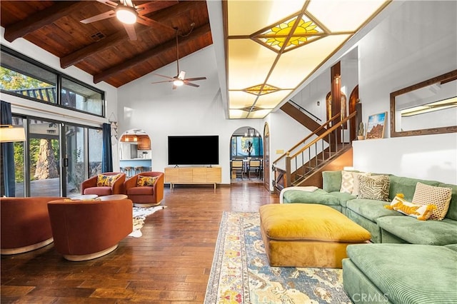 living room with wooden ceiling, high vaulted ceiling, ceiling fan, beamed ceiling, and dark hardwood / wood-style flooring