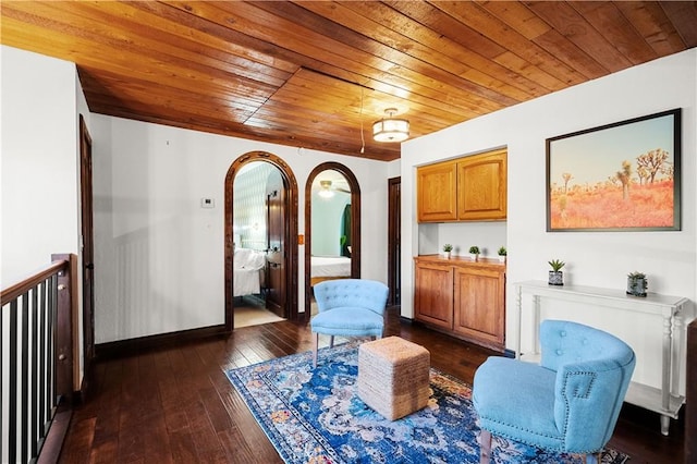 sitting room featuring wood ceiling and dark wood-type flooring