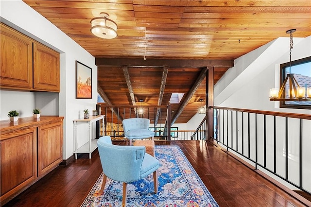 sitting room featuring wood ceiling, a chandelier, dark wood-type flooring, and beam ceiling